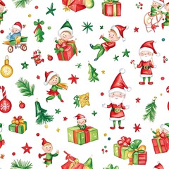 Festive Elves and Christmas Trees. Gift wrapping paper pattern. AI generated image