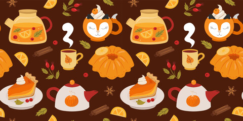 Autumn fruit tea and pumpkin pie background. Set of cozy autumn drinks, pies and spices. Seamless pattern for paper, packaging, fabric, wallpaper and other surfaces. © OlivaGreen