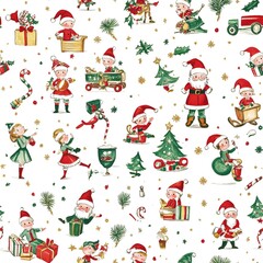 Festive Elves and Christmas Trees. Gift wrapping paper pattern. AI generated image