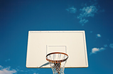 Naklejka premium basketball hoop with a white backboard against a blue sky 