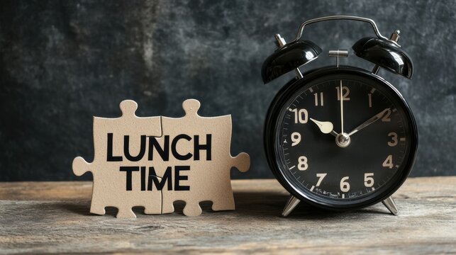 Lunch time alarm clock with puzzle piece sign on rustic table