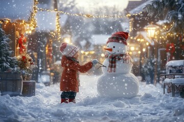 Joyful children creating a snowman surrounded by festive winter decorations in a snowy village