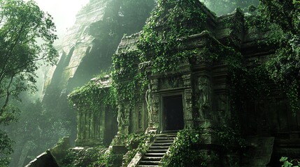An ancient temple overgrown with lush greenery, shrouded in a mystical mist.