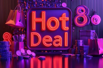 Neon 'Hot Deal' sign in stylish and colorful nightclub or bar setting