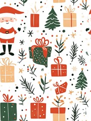 Santa and Elves with Gifts Pattern. Gift Wrapping paper. AI generated image