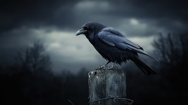 a crow sits on top of a post in the dark