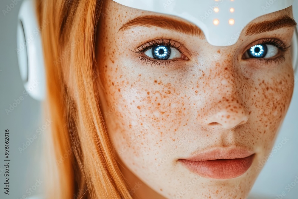 Poster freckled woman with glowing ai interface symbolizing the fusion of human cognition and artificial in