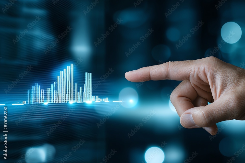 Poster a hand interacting with a digital graph, symbolizing data analysis and technology in a modern busine