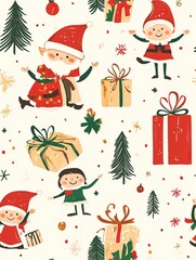 Santa and Elves with Gifts Pattern. Gift Wrapping paper. AI generated image
