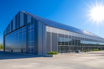 Obraz premium Modern industrial warehouse exterior featuring large solar panels against a vibrant blue sky