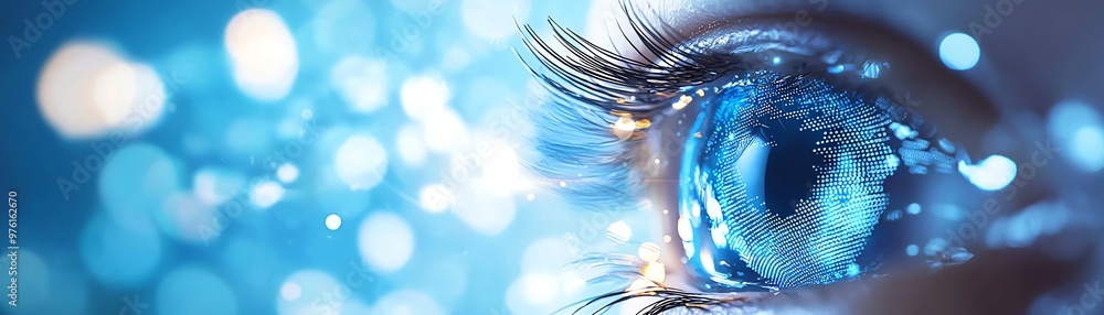 Poster close-up of a mesmerizing blue eye with intricate details, surrounded by soft bokeh lights that crea