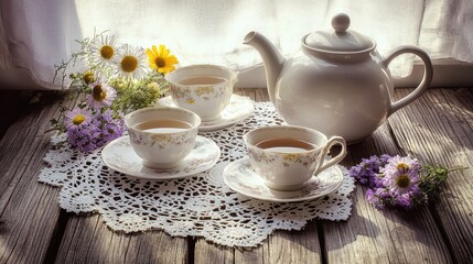 Fototapeta premium tea and flowers on a table with a lace doily