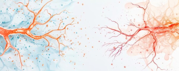 Abstract watercolor painting of a branching pattern in blue and red.