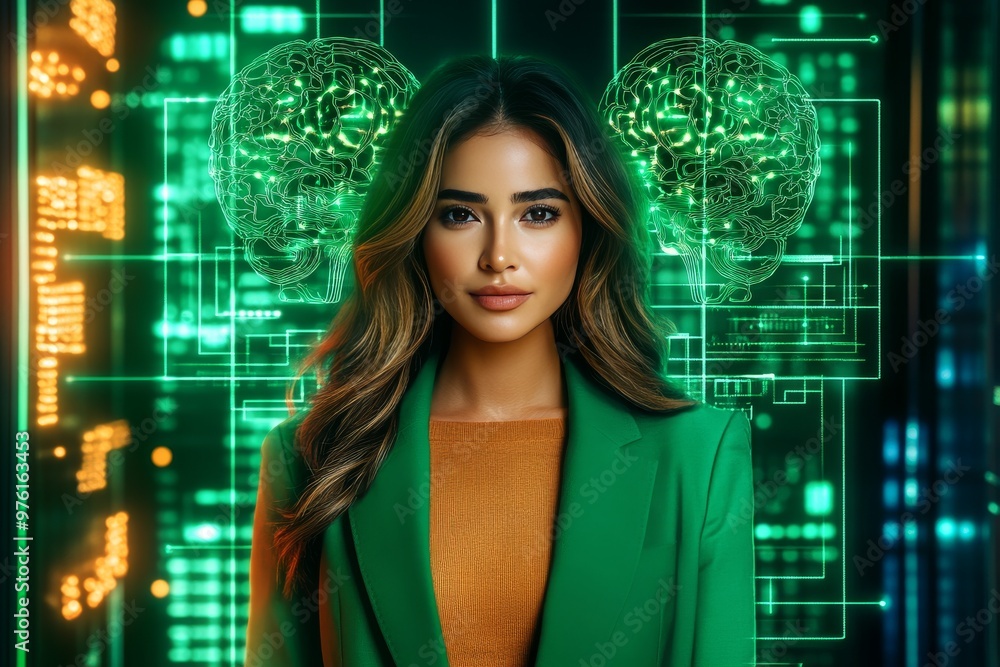 Aufkleber woman standing in front of a glowing digital brain interface symbolizing the fusion of human intelle