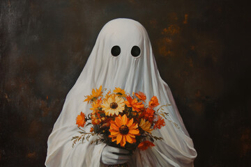 Oil painting of a ghost holding flowers, in the vintage style 