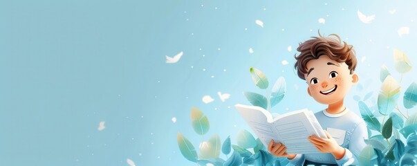 Smiling woman reading a newspaper in nature, surrounded by lush foliage and flowers.