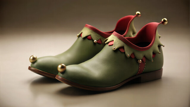 Whimsical elf shoes with bent toes on a neutral background
