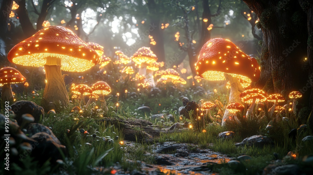 Poster a magical forest with glowing mushrooms and a stream running through it.