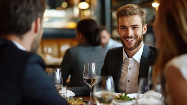 Young man smiling during a fine dining experience with friends