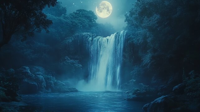 A serene waterfall flows under the light of the full moon in a dark forest.