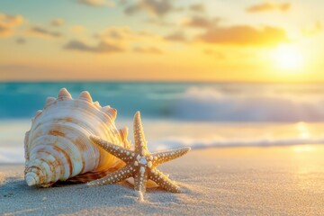 beach with shell and sea at sunset