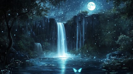 Enchanted waterfall lit by moonlight with fireflies.