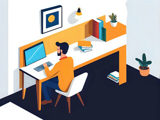  Flat design vector illustration with character working in coworking or remotely from home, freelance, self-employment concept - generative AI