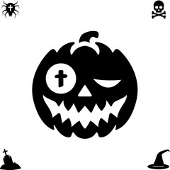 Horror and scary halloween faces silhouette icon. Halloween pumpkin, emoji and tattoo ghost smile spooky jack evil mouth eyes scary silhouette vector illustration