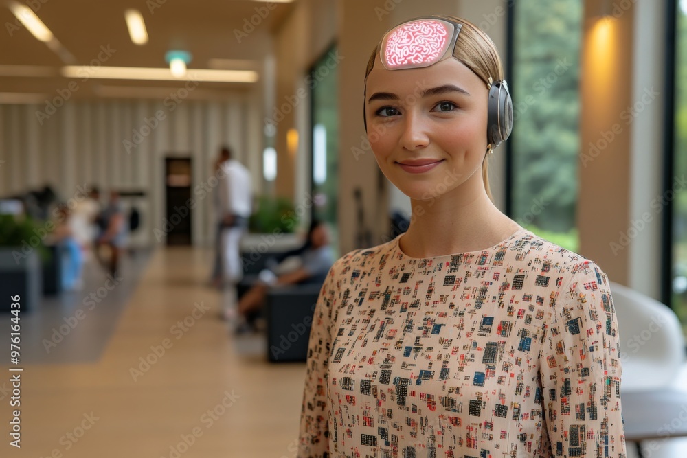 Aufkleber woman with a neural brain implant smiling in a futuristic healthcare setting symbolizing cognitive e