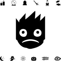 Horror and scary halloween faces silhouette icon. Halloween pumpkin, emoji and tattoo ghost smile spooky jack evil mouth eyes scary silhouette vector illustration