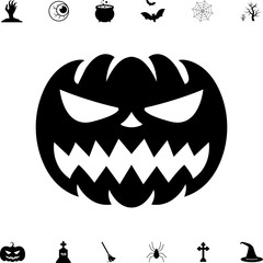 Horror and scary halloween faces silhouette icon. Halloween pumpkin, emoji and tattoo ghost smile spooky jack evil mouth eyes scary silhouette vector illustration