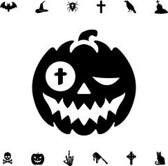 Horror and scary halloween faces silhouette icon. Halloween pumpkin, emoji and tattoo ghost smile spooky jack evil mouth eyes scary silhouette vector illustration