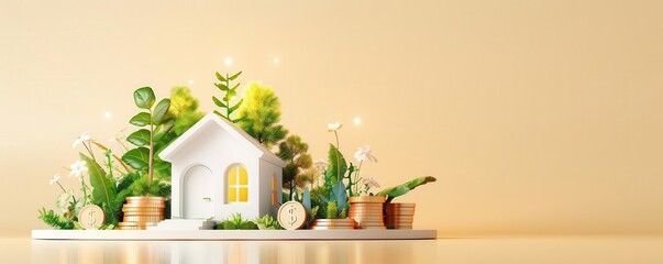 White house miniature with green plants and flowers on a beige background.