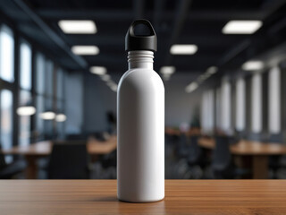 Blank white thermos bottle on wooden table with blurred office background. Tumblr bottle mockup
