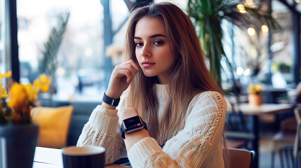 Young woman using smartwatch 