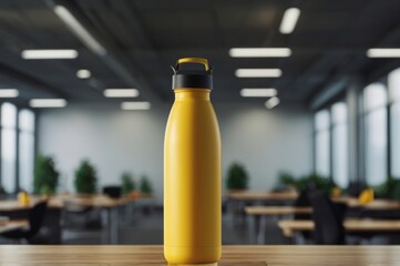 Blank yellow thermos bottle on wooden table with blurred office background. Tumblr bottle mockup