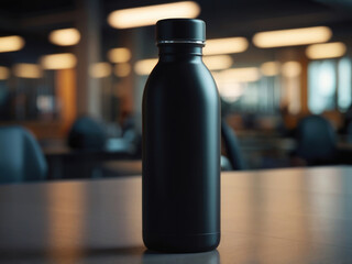 Blank black thermos bottle on wooden table with blurred office background. Tumblr bottle