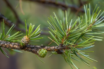 Fresh green pine needles and small cones emerge on the branches of a pine tree, capturing the essence of spring in a tranquil forest environment.