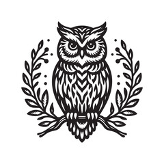 owl on branch Line Art, Outline Silhouette Illustration