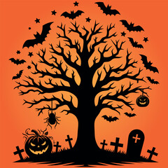 Halloween trees  flying bats hanging spider horror night template vector