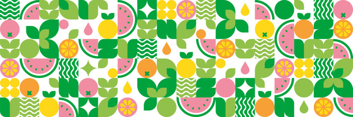 Fruits and leaves.Watermelon and orange slices.Abstract natural geometric background.Fresh organic food.Bauhaus design.Modern seamless pattern.Vector illustration.Set of icons in simple flat style.