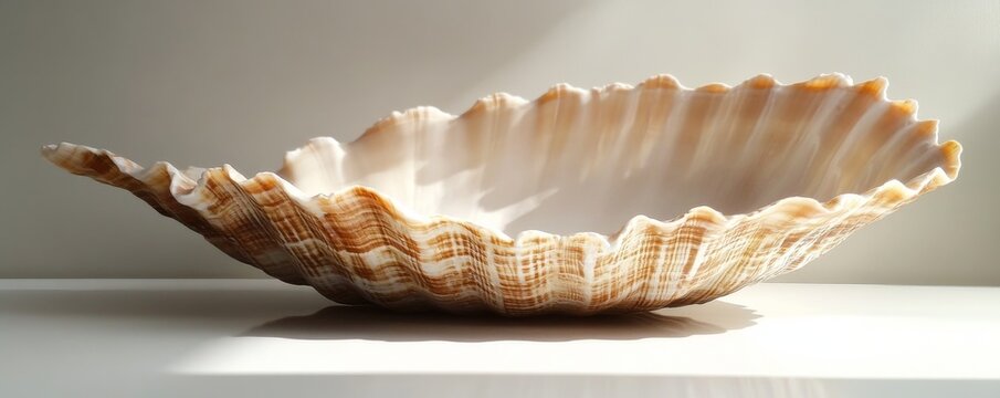 Large fluted clam shell resting on white surface