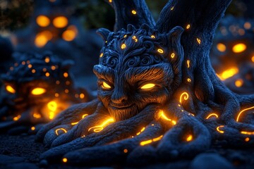 Magical Talking Trees represented in a whimsical scene, featuring ancient trees with faces, glowing roots, and the ability to communicate