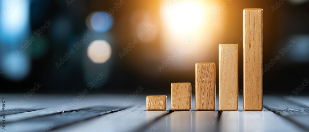 Poster a 3d beautiful wooden bar graph representing growth and success, with a soft glowing background emph
