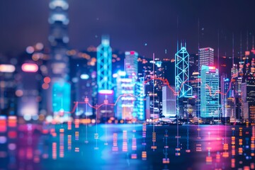 The bustling city skyline is illuminated at night, featuring colorful skyscrapers and digital overlays that depict financial data trends, creating a lively urban atmosphere.