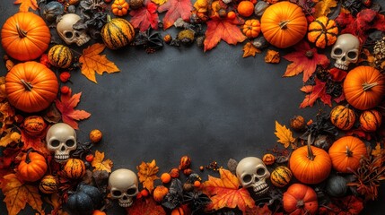 A festive Halloween arrangement with pumpkins, skulls, and leaves.
