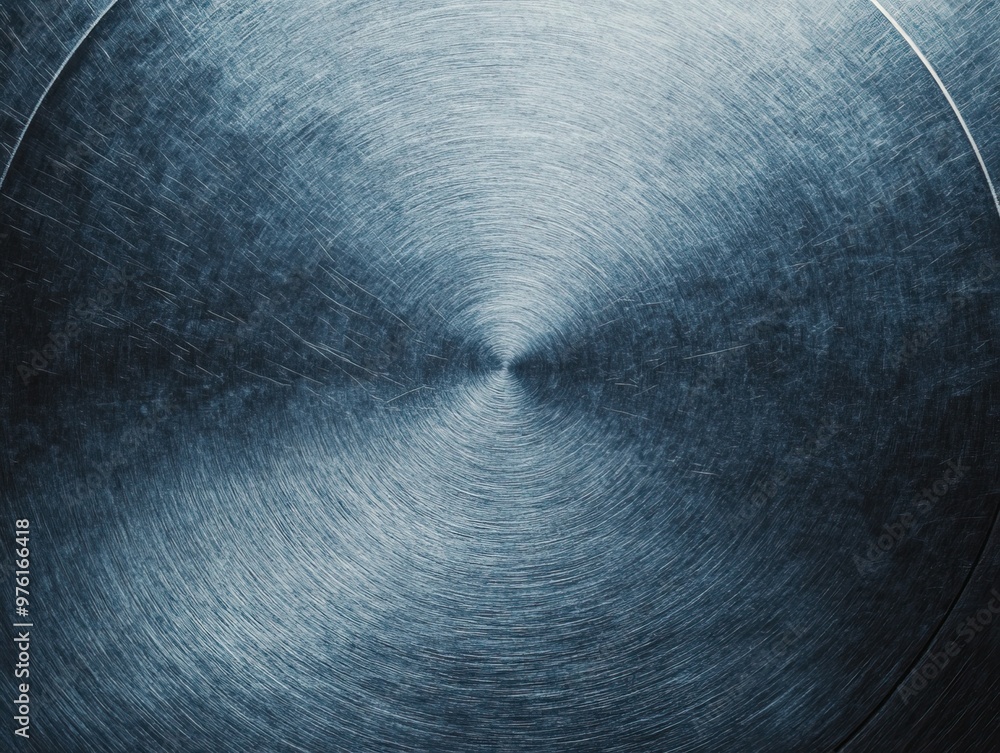 Poster a close-up view of a textured metal surface, showcasing a mesmerizing swirl pattern in cool tones, i