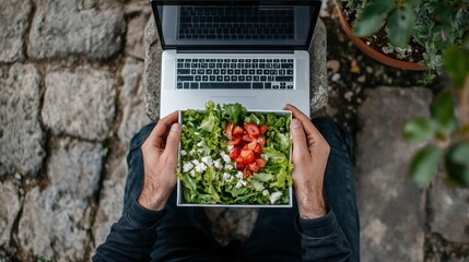 Working on a laptop while enjoying a fresh salad outdoors