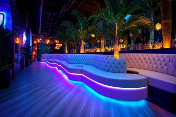 Miami Nightlife Guide represented in a party-themed infographic, highlighting top clubs, bars, and lounges in areas like Wynwood, Brickell, and Downtown