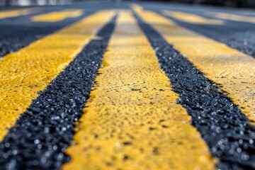 Yellow stripes on a freshly painted road shine with raindrops, reflecting the surrounding urban environment in an afternoon light.